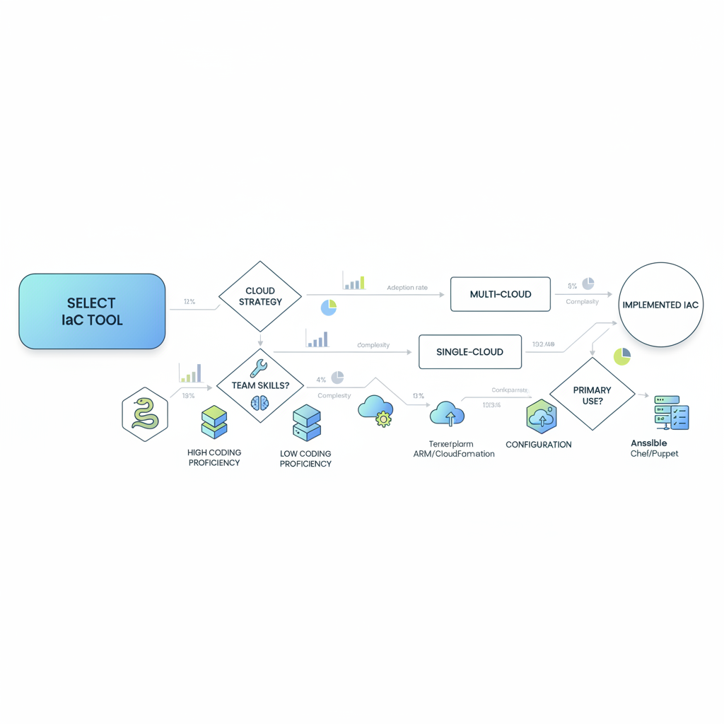 A flowchart illustrating the decision-making process for selecting an IaC tool, with branches for multi-cloud vs. single-cloud, team skill sets, and desired functionality (provisioning vs. configuration).