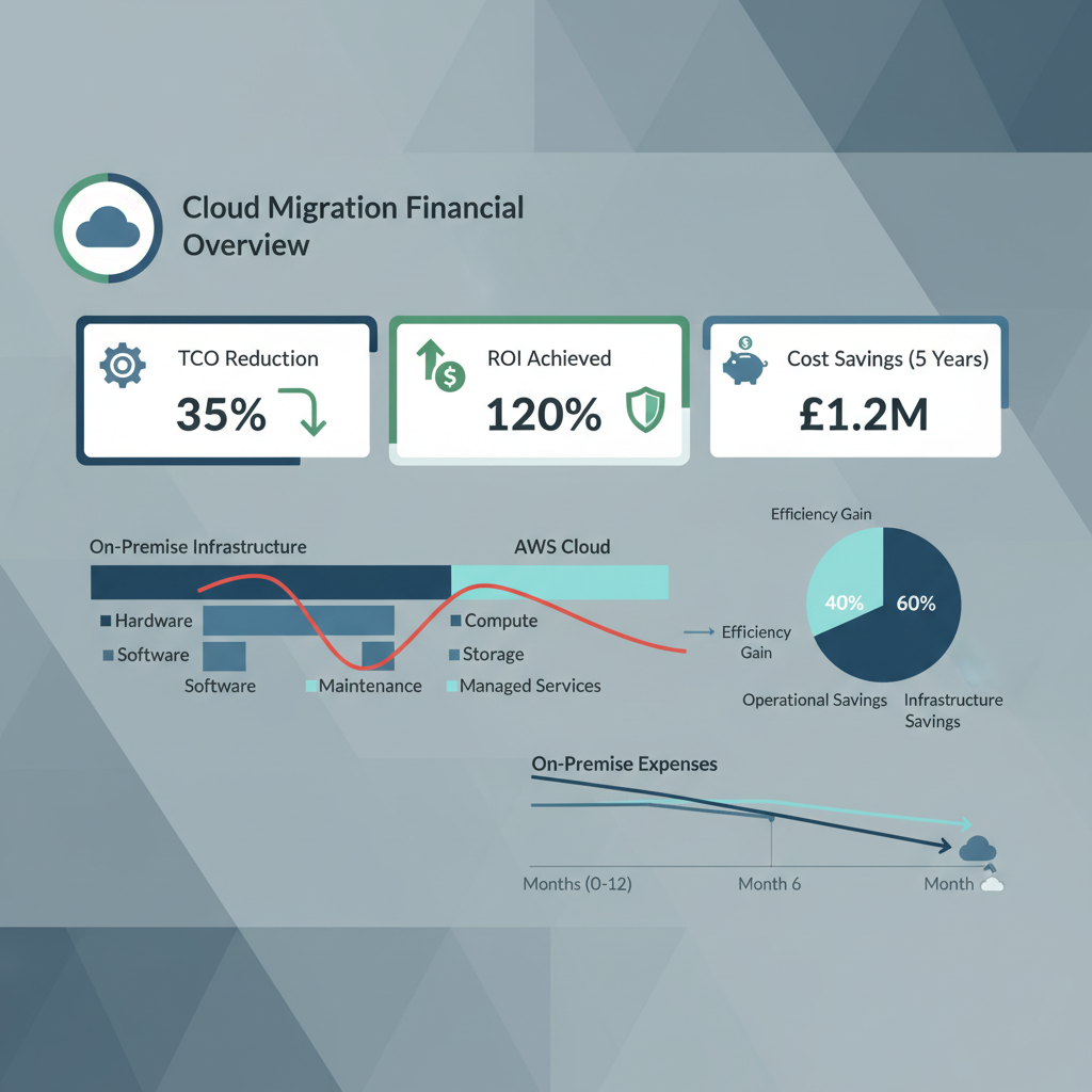 A dashboard showing various financial metrics like TCO, ROI, and cost savings for an AWS migration project, with charts and graphs comparing on-premise vs. cloud expenses.