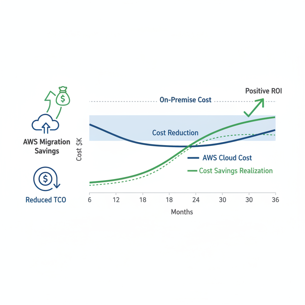 A financial graph showing the projected cost savings over time after an AWS migration, illustrating a positive ROI trend and reduced TCO compared to a steady on-premise cost line.