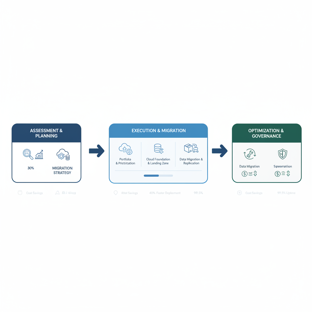 A flowchart illustrating the AWS migration journey, starting from assessment and planning, moving through strategy, execution, and concluding with optimization and governance.