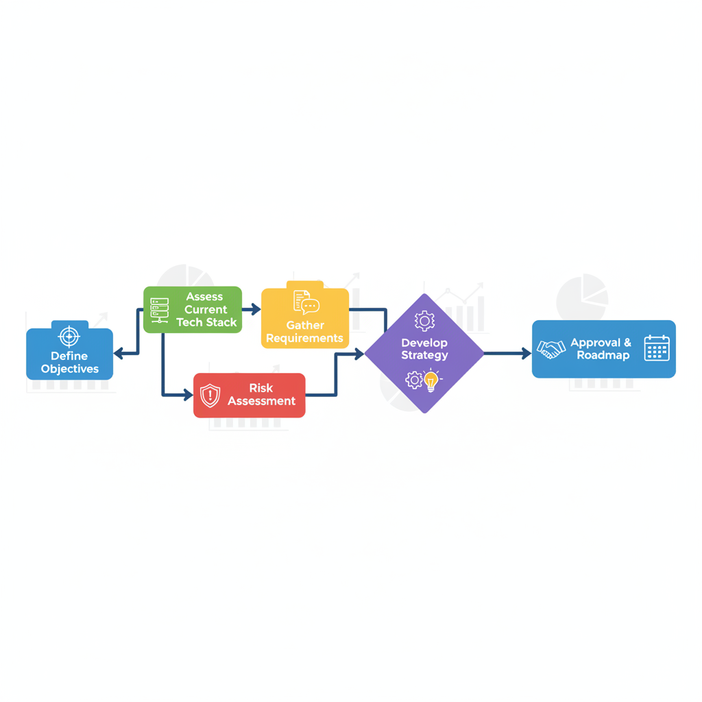 A flowchart illustrating the strategic planning phase, with arrows connecting steps like 