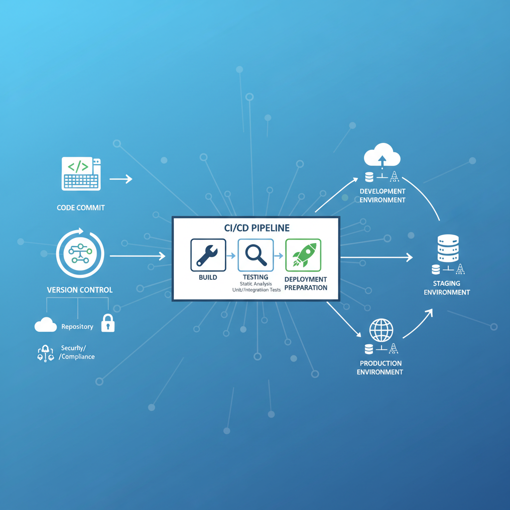 A diagram illustrating the IaC workflow within a DevOps pipeline, showing stages like code commit, version control, CI/CD, testing, and deployment to various environments.