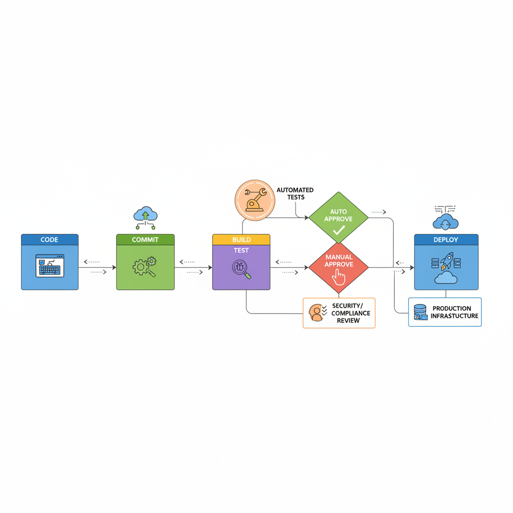 A flowchart showing a typical IaC CI/CD pipeline with stages like code, commit, build, test, approve, and deploy, indicating automated and manual gate points.