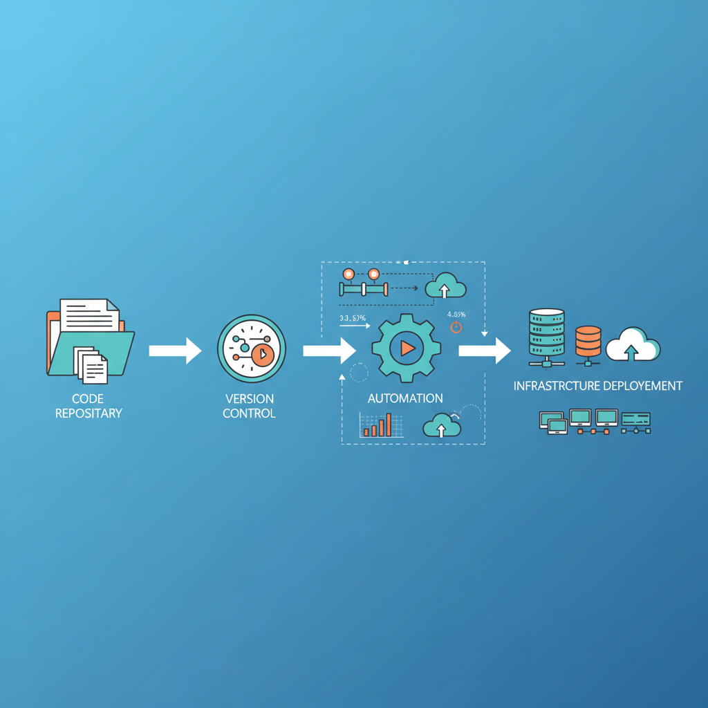 A diagram showing the workflow of Infrastructure as Code, illustrating code repository, version control, automation, and infrastructure deployment.