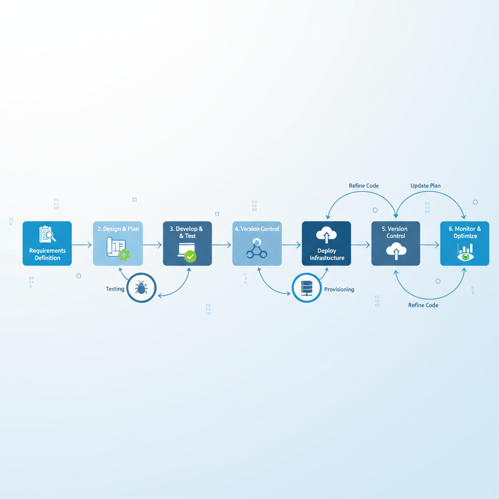 A flowchart illustrating the 6 steps of implementing IaC, from requirements definition to deployment and monitoring, with feedback loops.