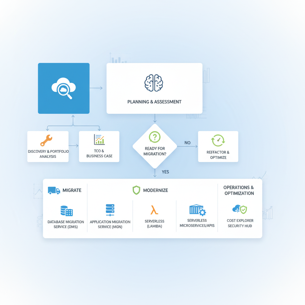 A flowchart illustrating the different stages of an AWS migration project, with arrows showing decision points and recommended tools for each stage.