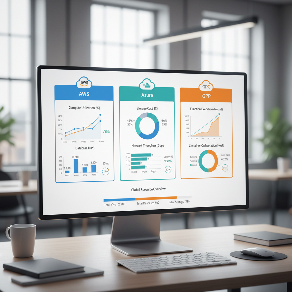 A dashboard showing various cloud performance metrics from different providers (AWS, Azure, GCP) on a single screen with graphs and real-time data.