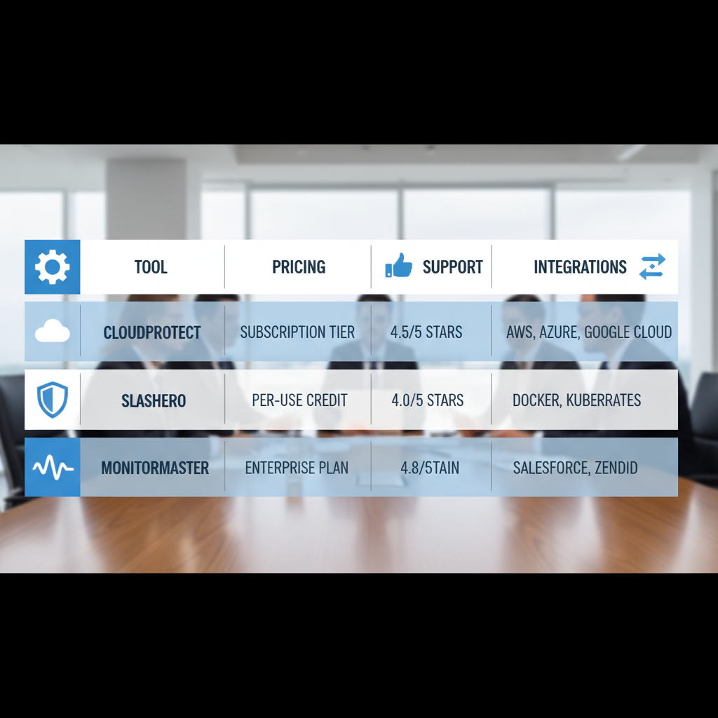 A comparison table showing key criteria like features, pricing models, customer support ratings, and integration capabilities for different cloud SLA monitoring tools.