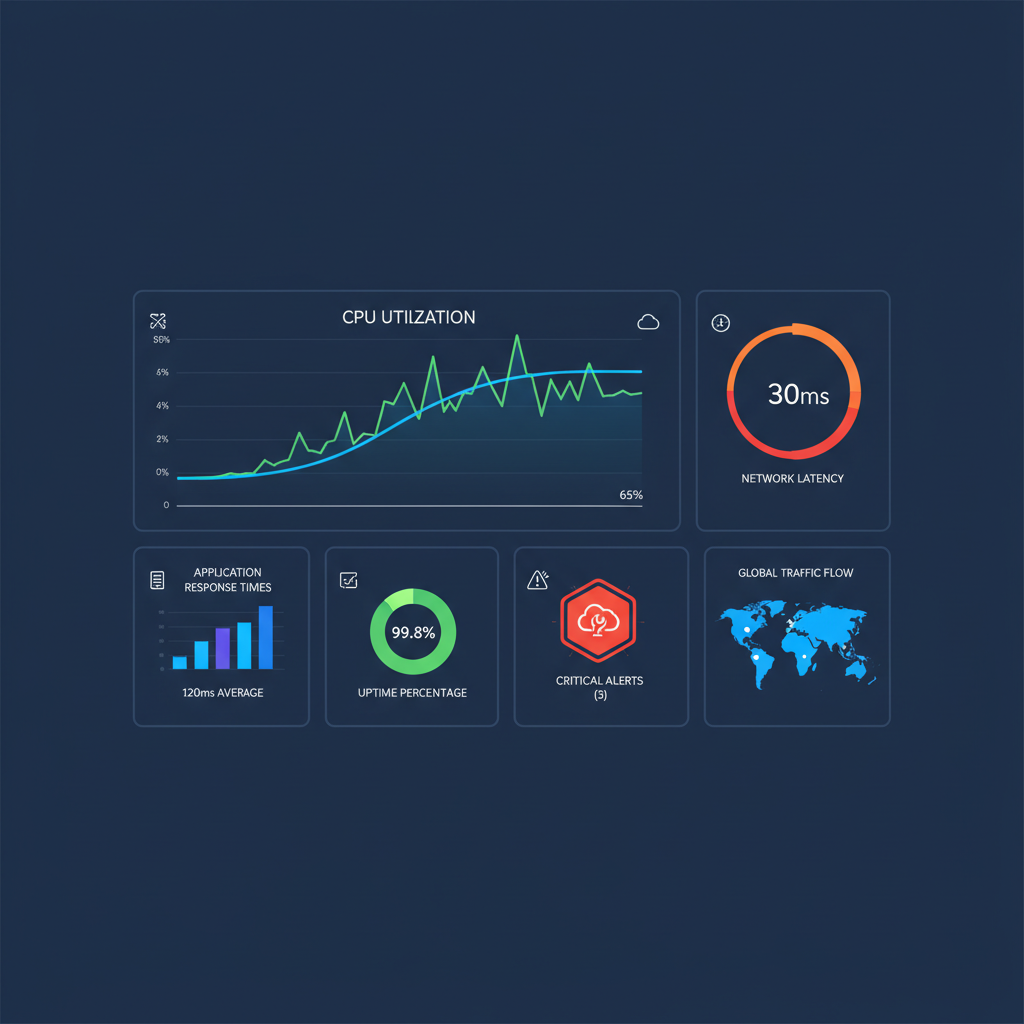 A complex dashboard displaying various cloud monitoring metrics such as CPU utilization, network latency, application response times, and uptime percentages, with different colored graphs and alert indicators.