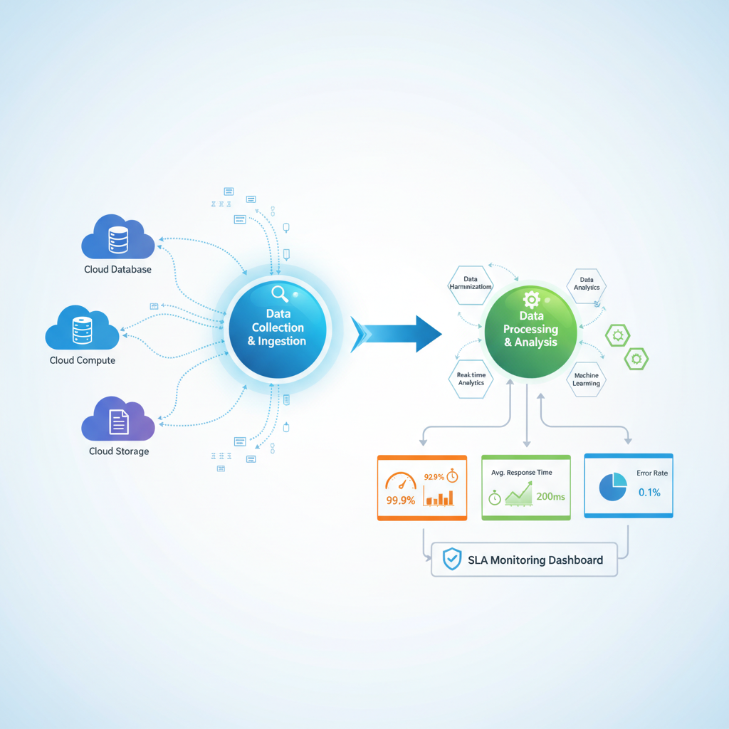 Diagram showing the flow of data from various cloud services being collected and analyzed for SLA monitoring, with different metrics being displayed, illustrating the complexity of integrating diverse data sources.