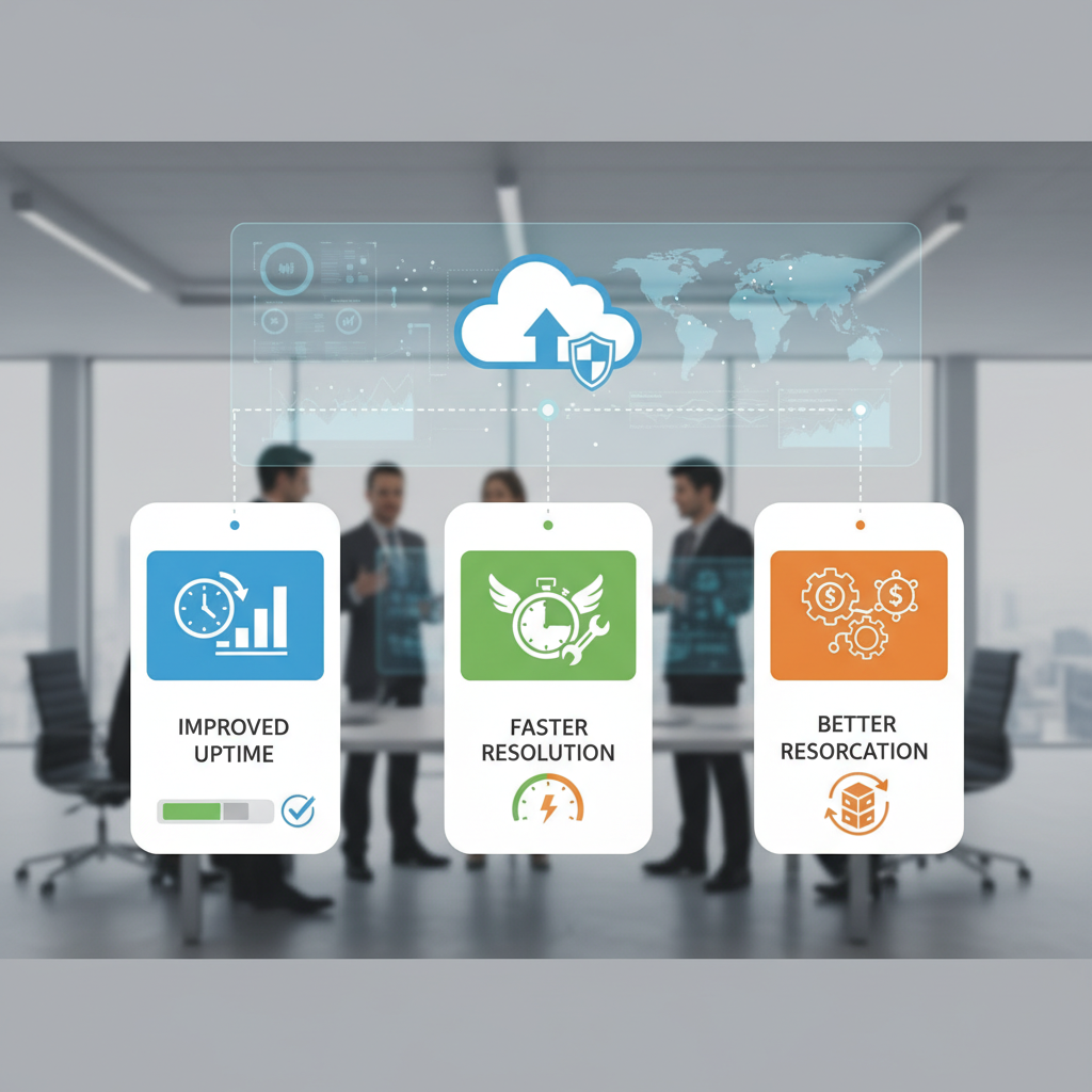 Infographic illustrating the benefits of cloud SLA monitoring, such as improved uptime, faster resolution, and better resource allocation, with icons for each benefit representing tangible advantages.