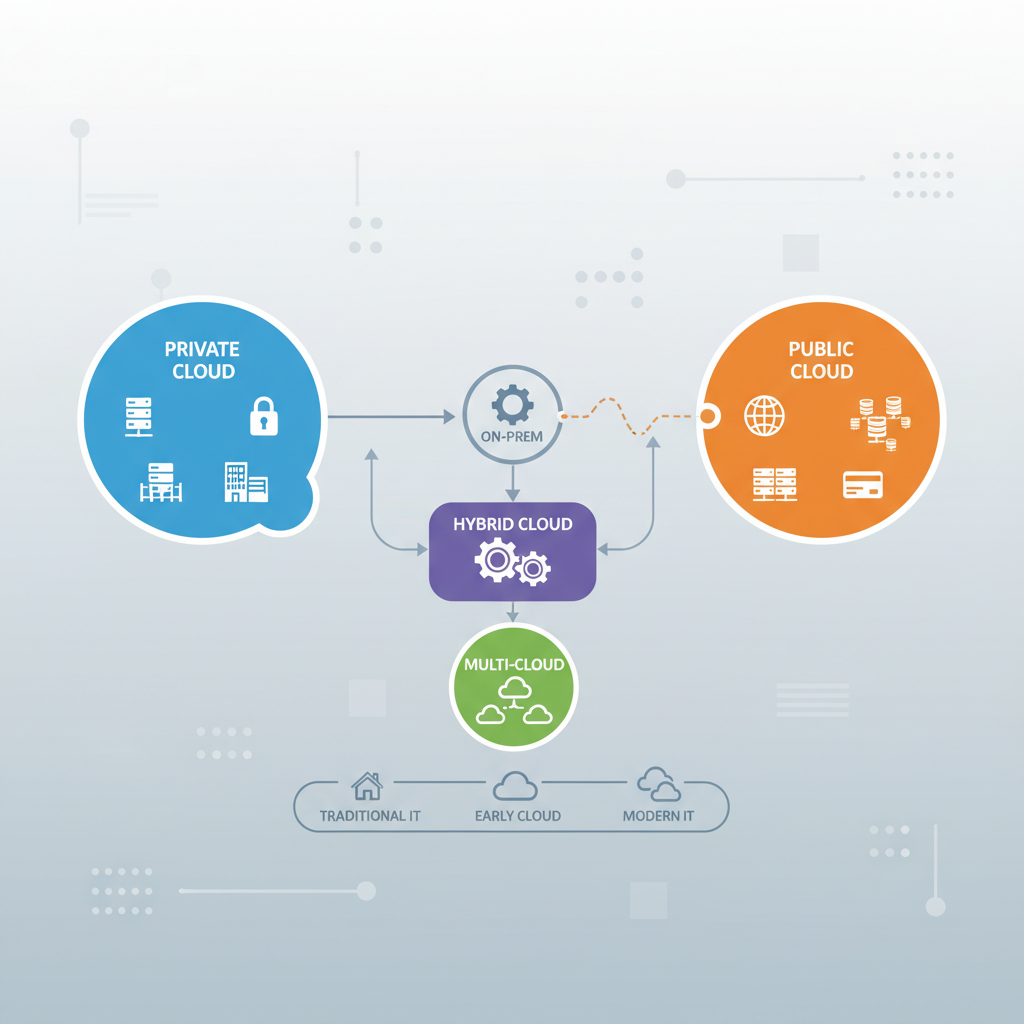 A diagram showing various cloud deployment models like private cloud, public cloud, and hybrid cloud interconnected.