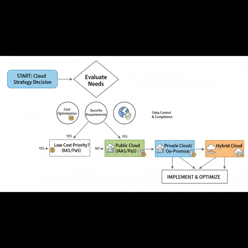 A flowchart illustrating the decision-making process for choosing a cloud strategy based on factors like cost, security, and control.