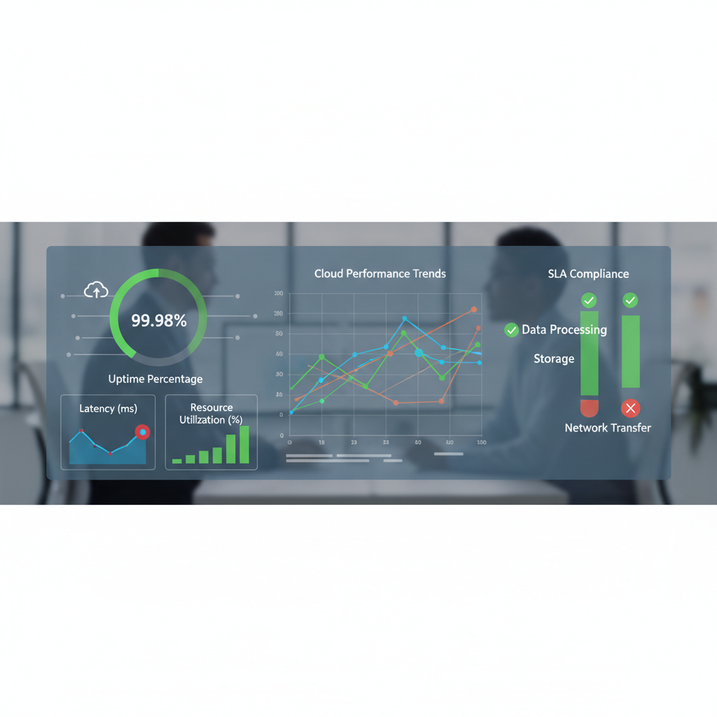 A dashboard displaying various cloud performance metrics, including uptime percentage, latency graphs, and resource utilization charts, with green/red indicators for SLA compliance.
