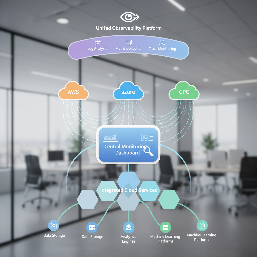 A network diagram showing interconnected cloud services and a monitoring platform analyzing data streams from various cloud providers (AWS, Azure, GCP) to a central dashboard.
