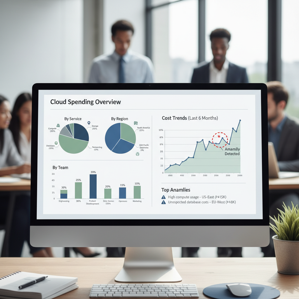 En instrumentpanel som visar molnutgifterna fördelade efter tjänst, region och team, med diagram som illustrerar kostnadstrender och identifierade anomalier.