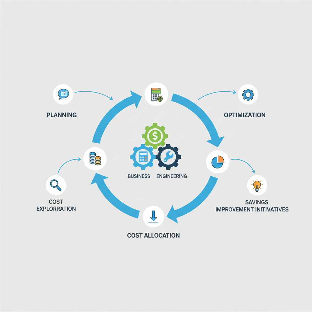 Ett konceptuellt diagram som illustrerar FinOpss livscykel, som visar samarbete mellan affärs-, finans- och ingenjörsteam, med återkopplingsslingor för kostnadsfördelning, optimering och planering.