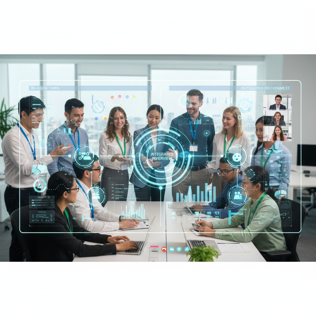 A diverse group of people (representing an in-house team and an outsourced team) collaborating effectively on a digital project management dashboard, symbolizing seamless integration and communication.