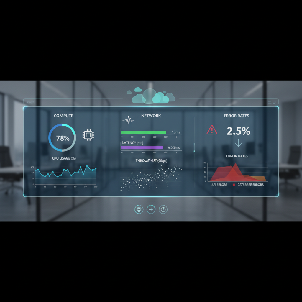 A dashboard displaying various cloud performance metrics like CPU usage, network latency, and error rates, with customizable widgets and real-time graphs.