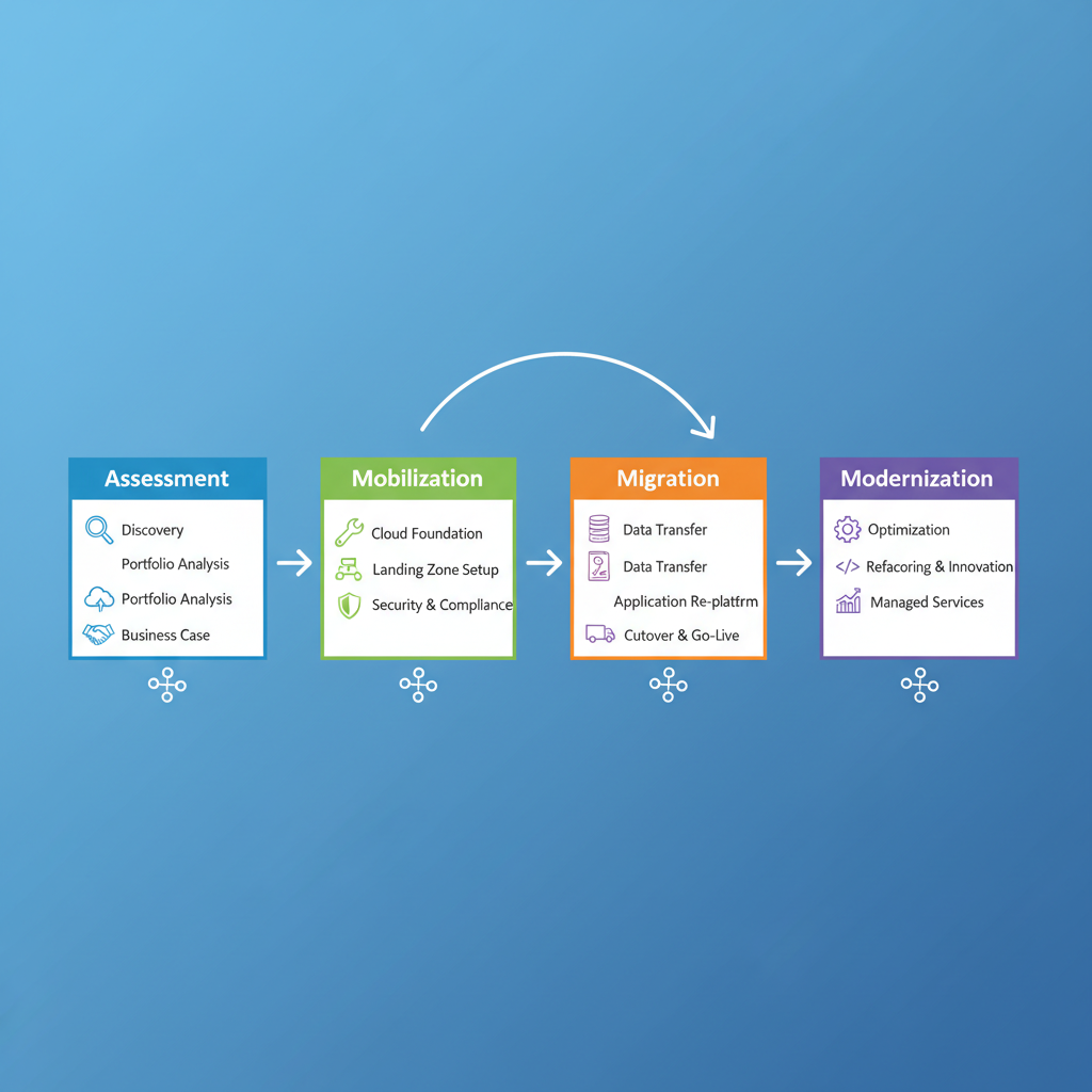 A diagram showing the AWS Migration Process Flow with arrows connecting Assessment, Mobilization, Migration, and Modernization phases. Each phase has sub-bullets indicating key activities like 