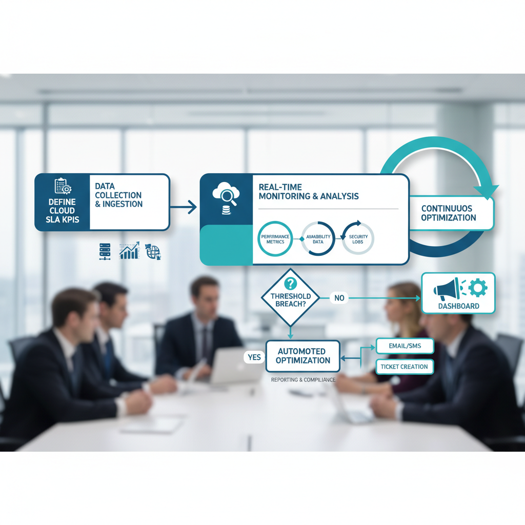 A flowchart illustrating the process of enterprise Cloud SLA monitoring, starting from defining KPIs, through data collection, analysis, alerting, and continuous optimization feedback loops.