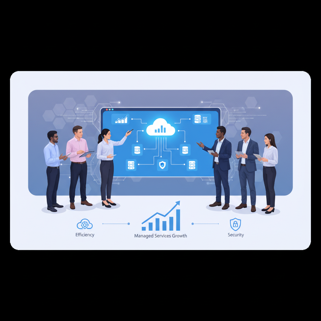 A diverse group of IT professionals collaboratively reviewing cloud architecture diagrams on a large screen, demonstrating teamwork and expertise in managed services.
