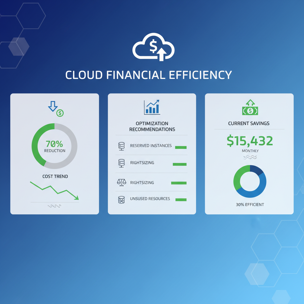 A dashboard displaying various cloud cost metrics, graphs, and optimization recommendations, highlighting financial efficiency.