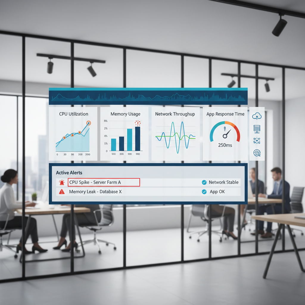 A dashboard displaying various real-time cloud performance metrics, including graphs for CPU, memory, network, and application response times, with alert notifications highlighted.
