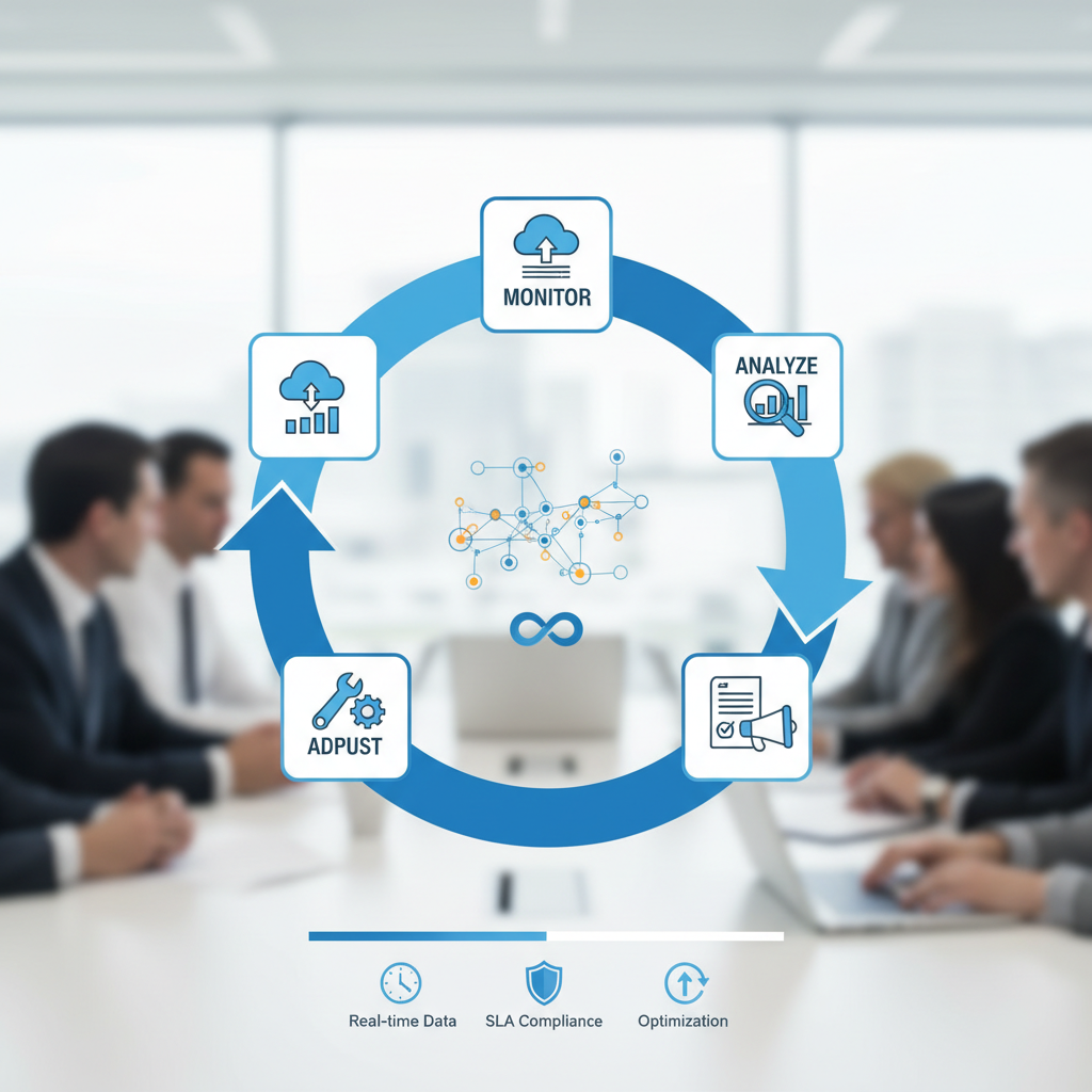 A flowchart illustrating the process of continuous improvement for cloud SLA monitoring, showing steps like 