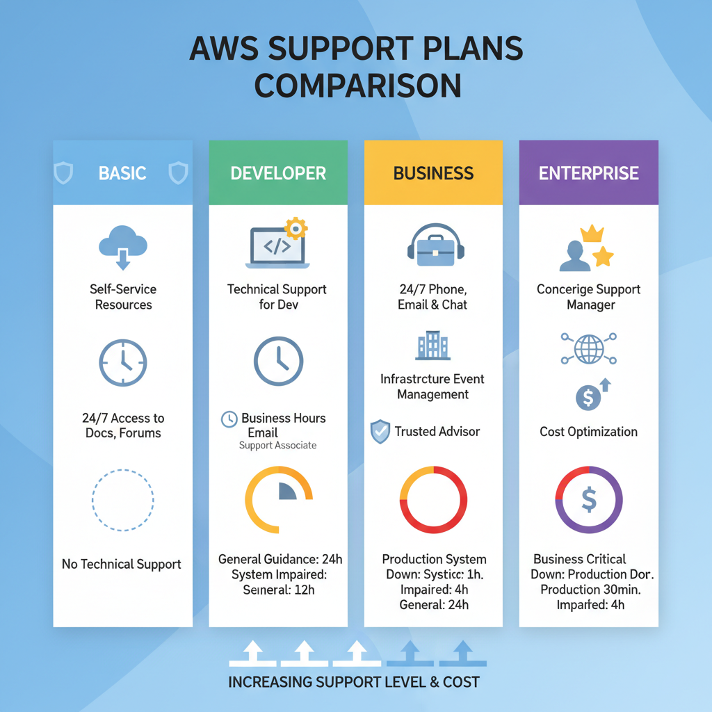 En detaljerad infografik som j&auml;mf&ouml;r de olika AWS supportplanerna (Basic, Developer, Business, Enterprise) med ikoner som representerar deras nyckelfunktioner och svarstider.