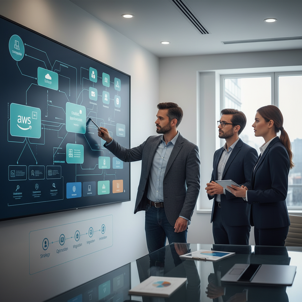 En konsult som pekar p&aring; en komplex arkitekturdiagram p&aring; en stor sk&auml;rm, i samtal med tv&aring; f&ouml;retagsrepresentanter, vilket illustrerar expert AWS hj&auml;lp och strategisk r&aring;dgivning.