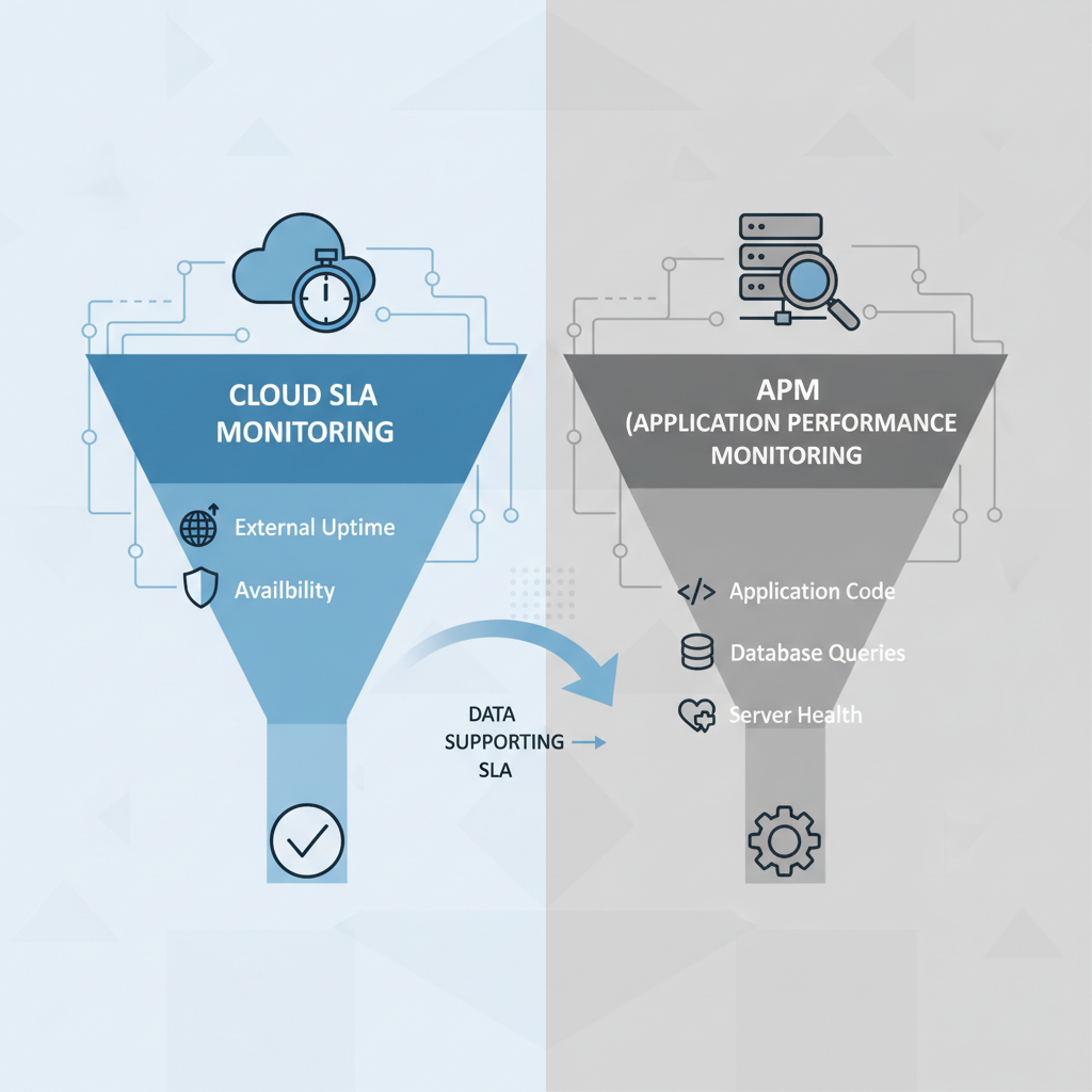 A comparative infographic showing two parallel funnels. One funnel represents Cloud SLA Monitoring focusing on external uptime and availability, while the other represents APM drilling down into application code, database queries, and server health. An arrow indicates APM data feeding into or supporting SLA compliance.
