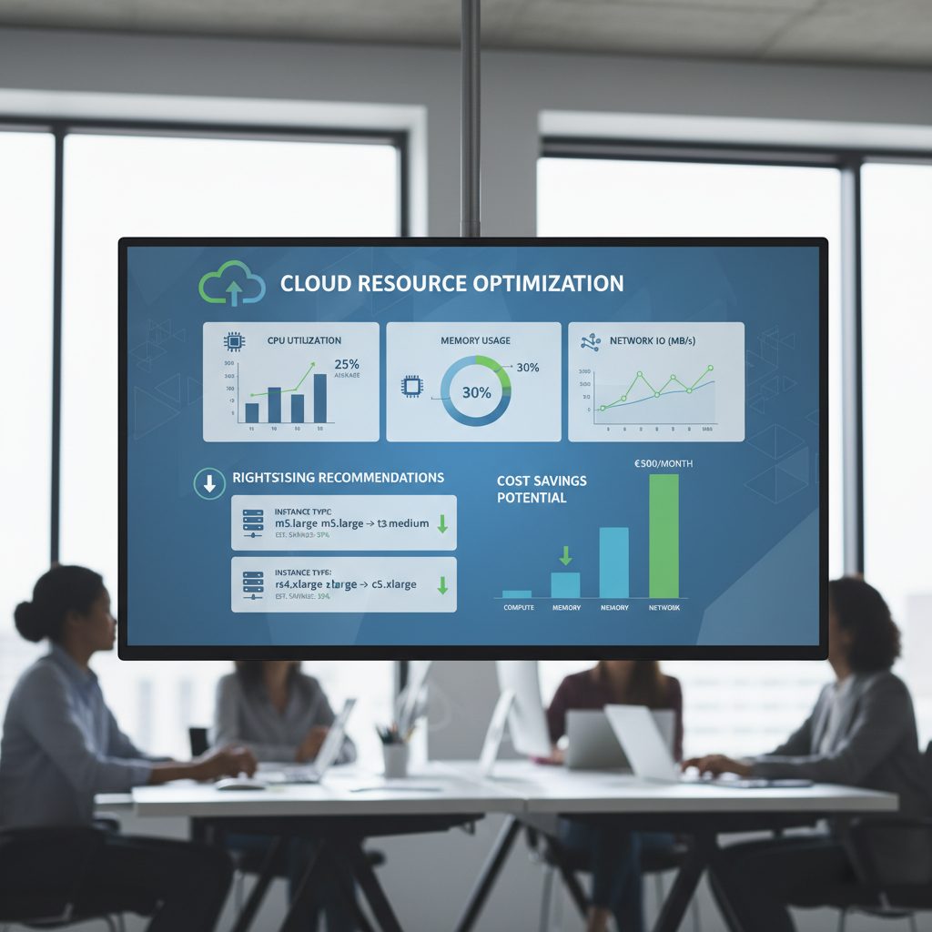 A dashboard showing cloud resource usage metrics like CPU, memory, and network I/O, with specific recommendations for rightsizing instances to smaller, more cost-effective options.