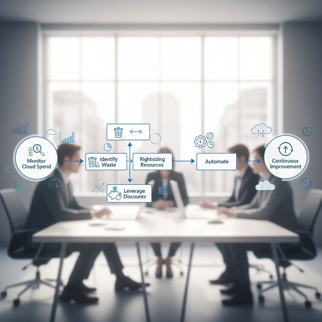 A flowchart illustrating the cloud cost optimization process, starting from 'Monitor Cloud Spend' through 'Identify Waste', 'Rightsizing Resources', 'Leverage Discounts', and 'Automate', concluding with 'Continuous Improvement'.