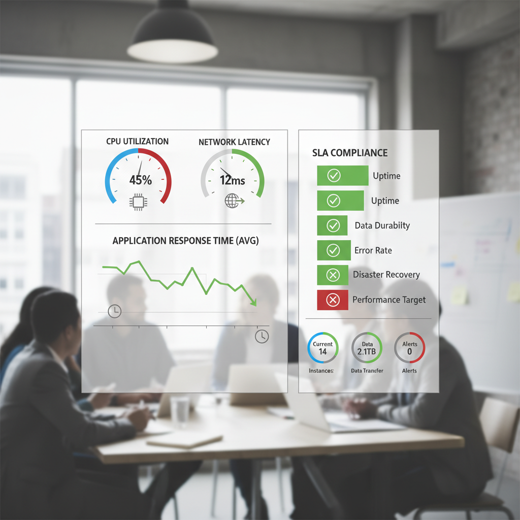 A dashboard displaying various cloud service metrics like CPU utilization, network latency, application response times, and an SLA compliance meter, with green indicators for met SLAs and red for breaches.