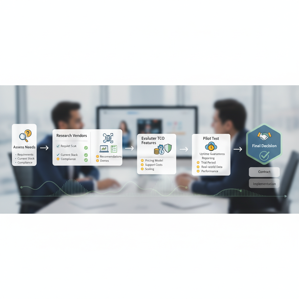 A flowchart illustrating the process of selecting a cloud SLA monitoring provider, with steps like 