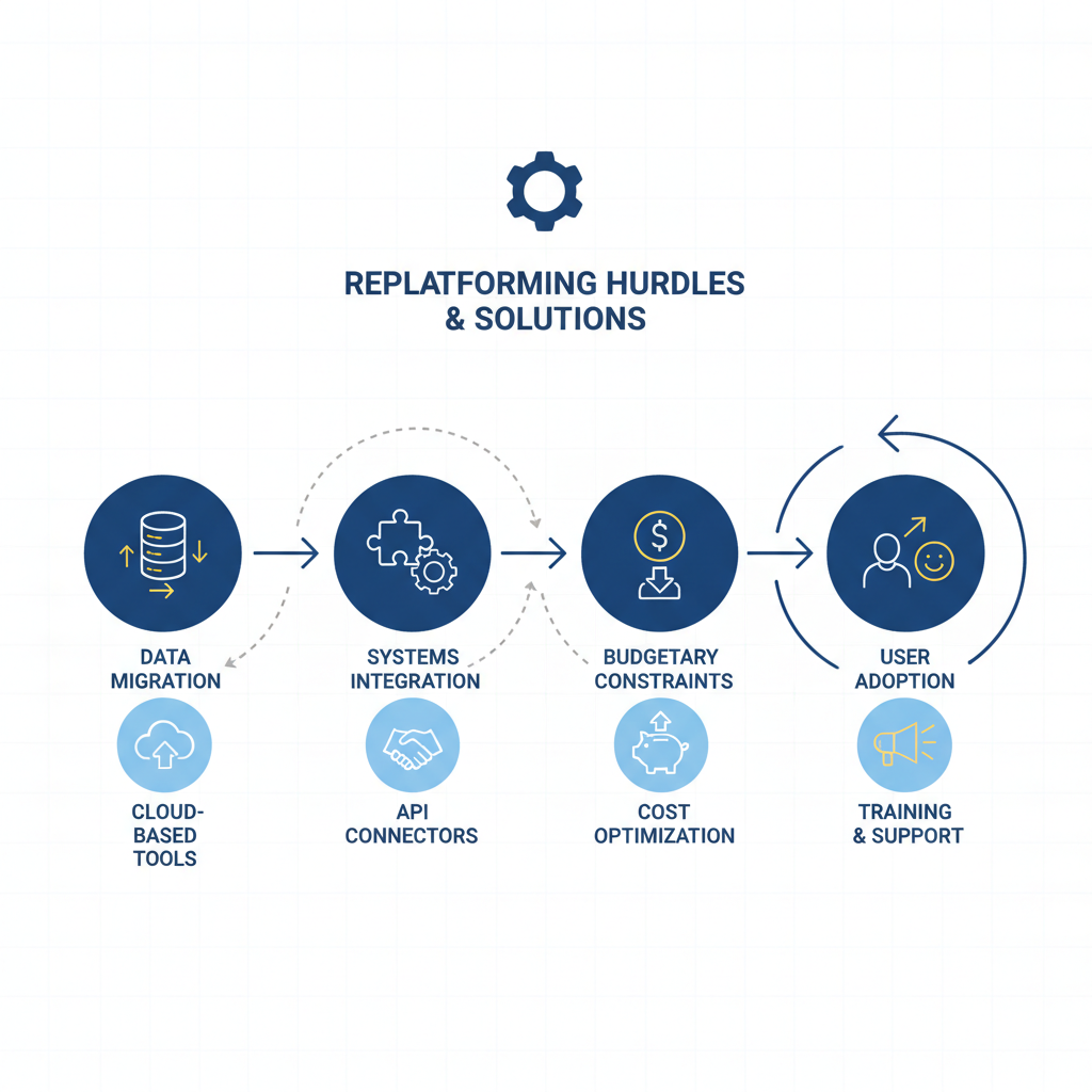 A detailed infographic showing interconnected challenges of replatforming, such as data migration, integration, cost, and user adoption, with arrows pointing to corresponding solutions.