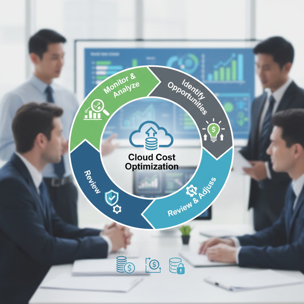 An infographic showing a cyclical process for cloud cost optimization, with stages like 