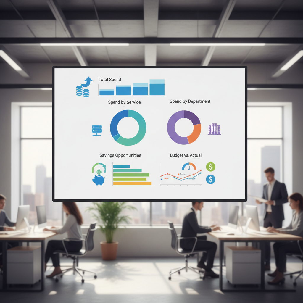 A dashboard showing various cloud cost metrics such as 