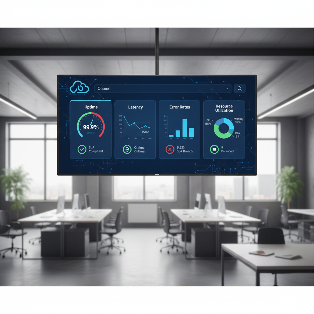 A dashboard displaying various cloud performance metrics such as uptime, latency, error rates, and resource utilization with green and red indicators for SLA compliance.