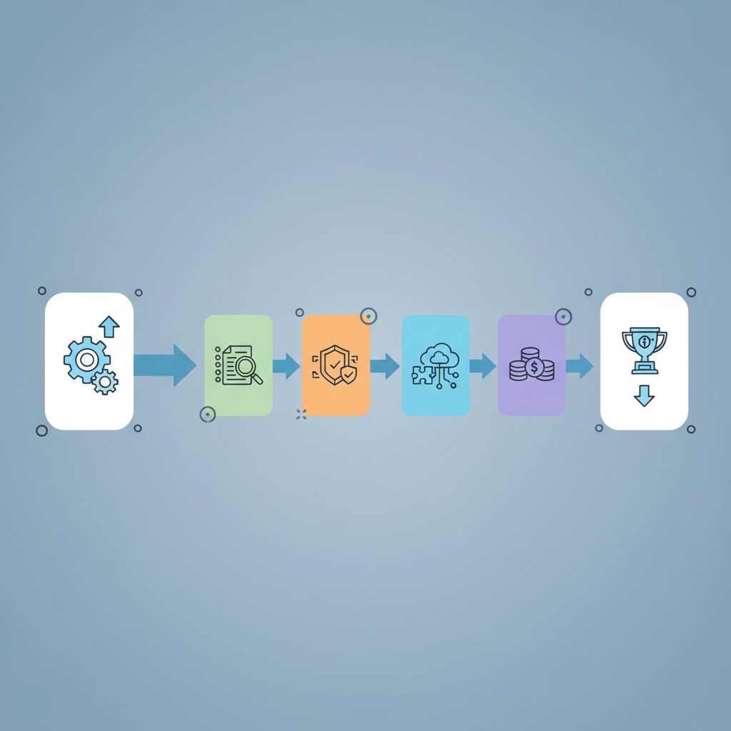 A flowchart illustrating the steps in selecting a cloud SLA monitoring tool, including defining requirements, evaluating features, comparing integrations, and reviewing costs.