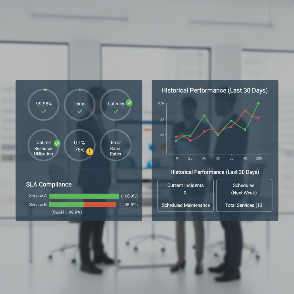 A dashboard showing various cloud service performance metrics like uptime, latency, error rates, and resource utilization, with a clear indication of SLA compliance status for different services.
