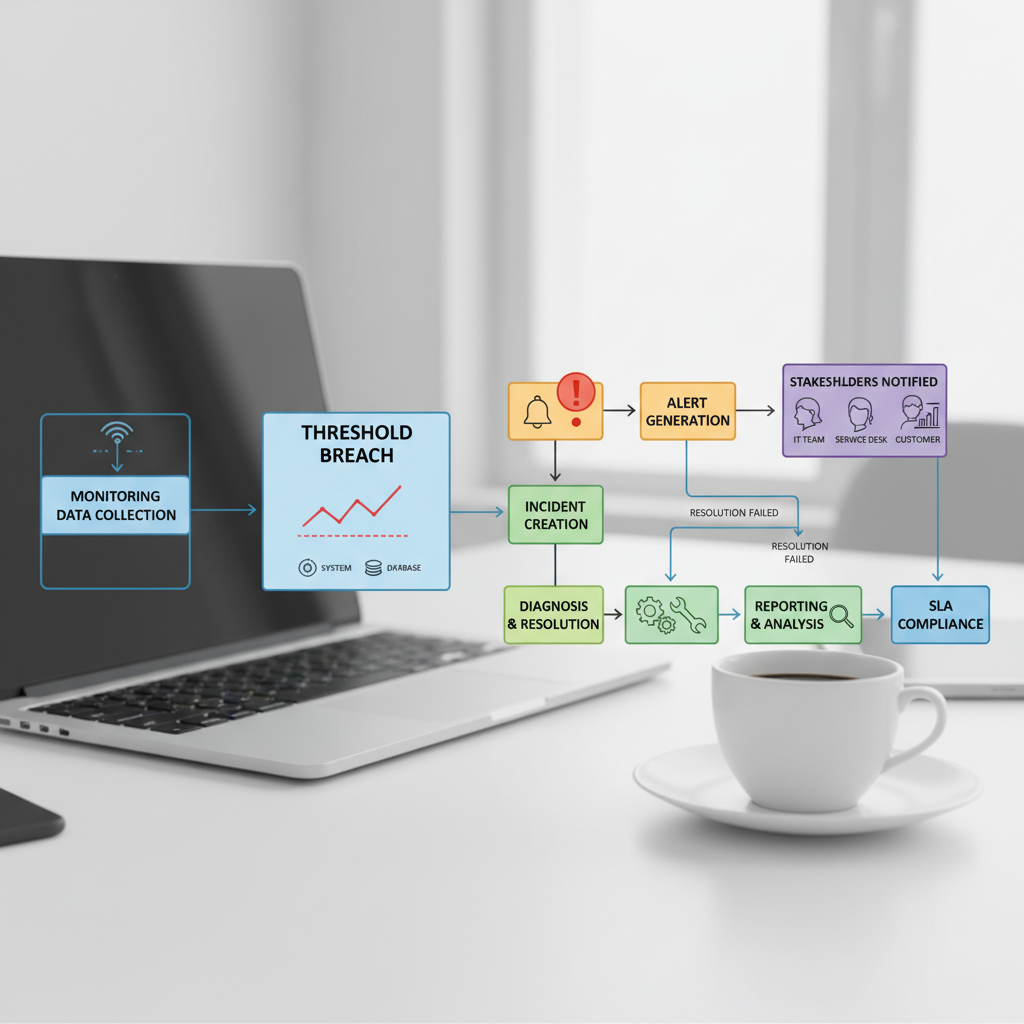 A flowchart illustrating the process of an SLA breach detection, from monitoring data collection, threshold breach, alert generation, incident creation, to resolution and reporting, showing various stakeholders involved.