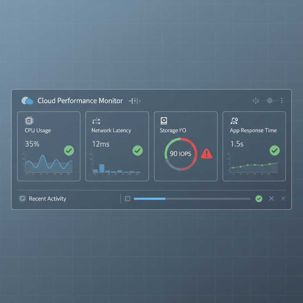 A dashboard displaying various cloud performance metrics like CPU usage, network latency, storage I/O, and application response times, with green checkmarks indicating healthy status and red alerts for issues.