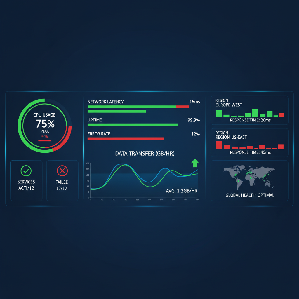 A dashboard displaying various real-time cloud performance metrics like CPU usage, network latency, and uptime percentages with green and red indicators.