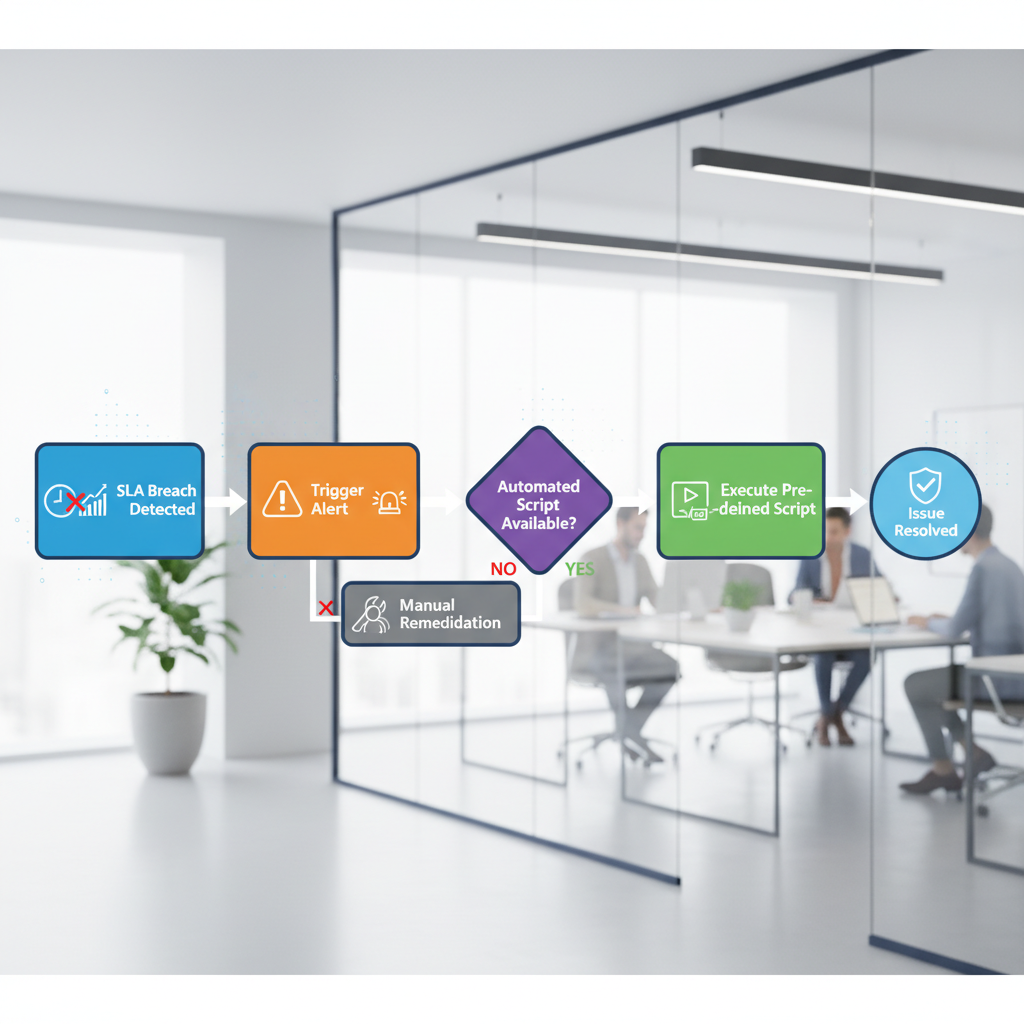 A flowchart illustrating the process of an automated remediation system, showing detection of an SLA breach, triggering an alert, and then executing a pre-defined script to resolve the issue automatically.