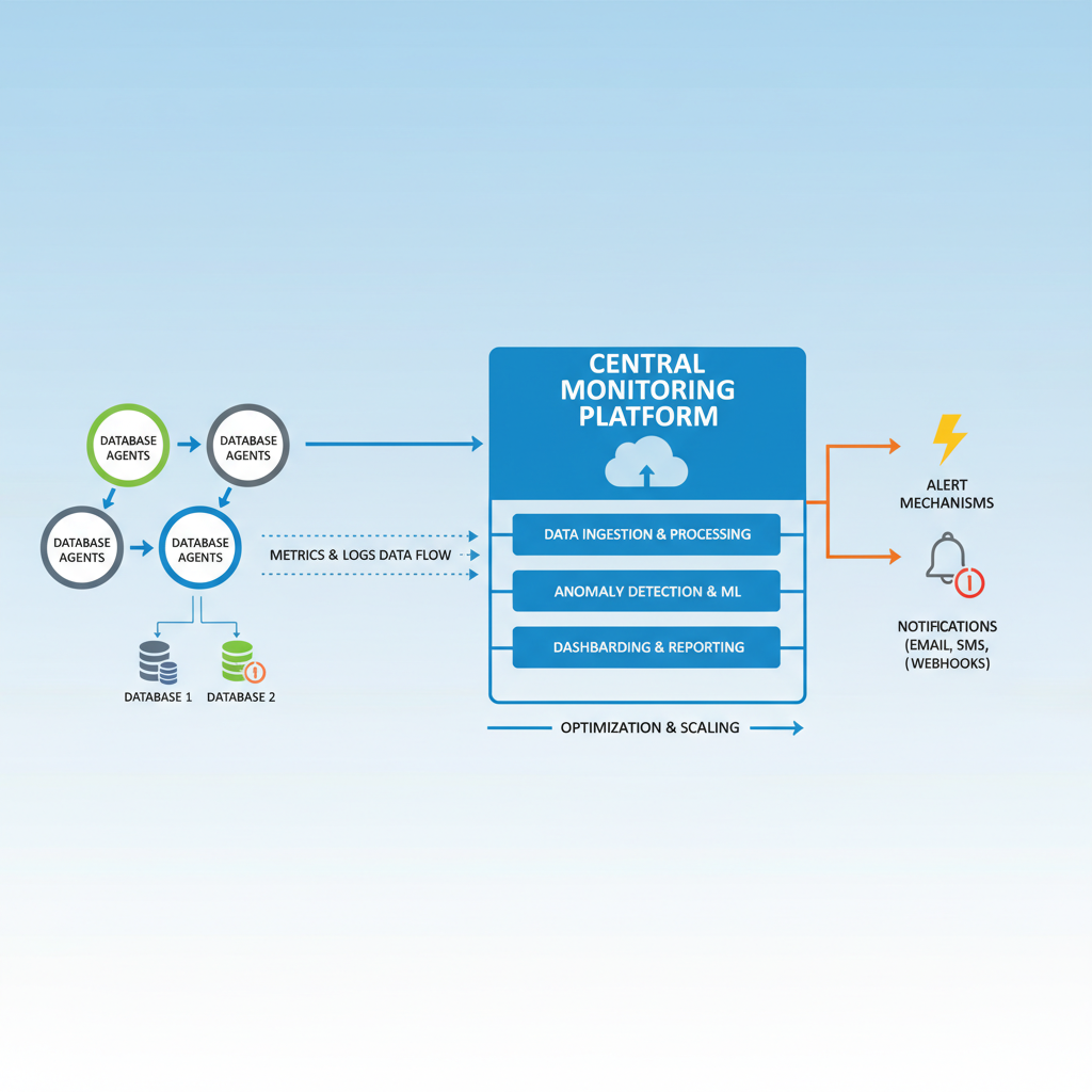 Diagram illustrating a cloud database monitoring architecture with different components and data flow, showing agents collecting metrics, a centralized monitoring platform, and alert mechanisms.