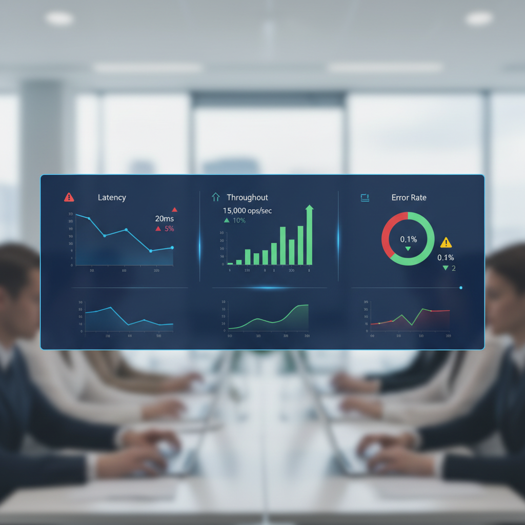 Dashboard view of key performance indicators (KPIs) for a cloud database, showing graphs for latency, throughput, and error rates, with color-coded alerts and trending data.
