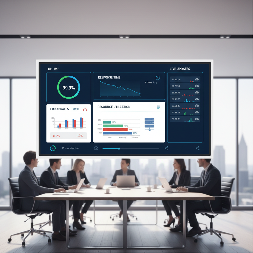 A dashboard showing various cloud performance metrics, including uptime, response times, error rates, and resource utilization, with customizable widgets and real-time data updates.