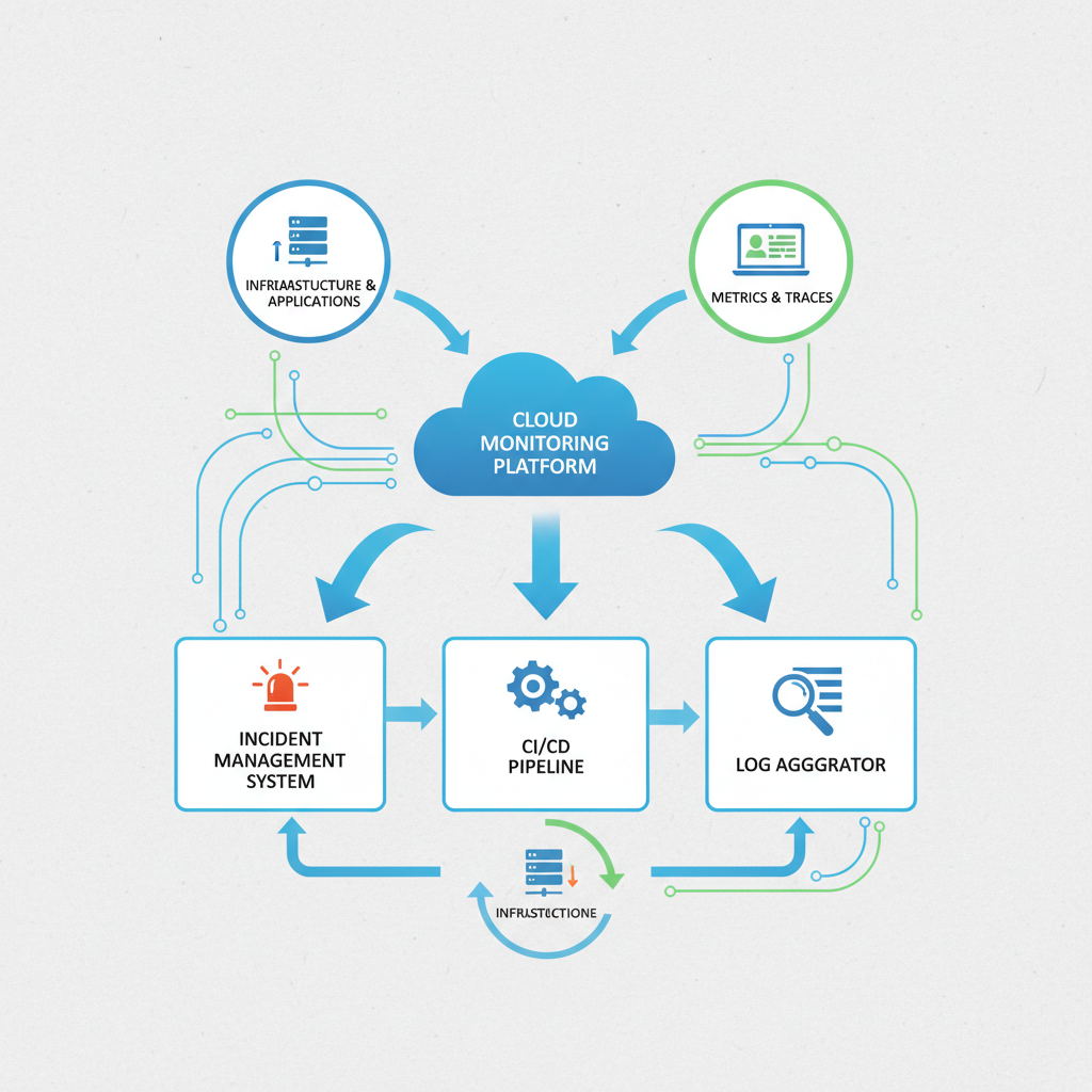 A diagram illustrating the integration of a cloud monitoring tool with various other IT systems like incident management, CI/CD, and log aggregators, showing data flow between them.